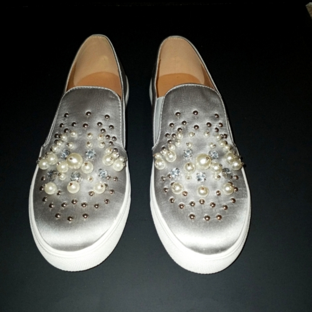 Midnight Velvet Silver Gray Embellished Slip-On Sneakers